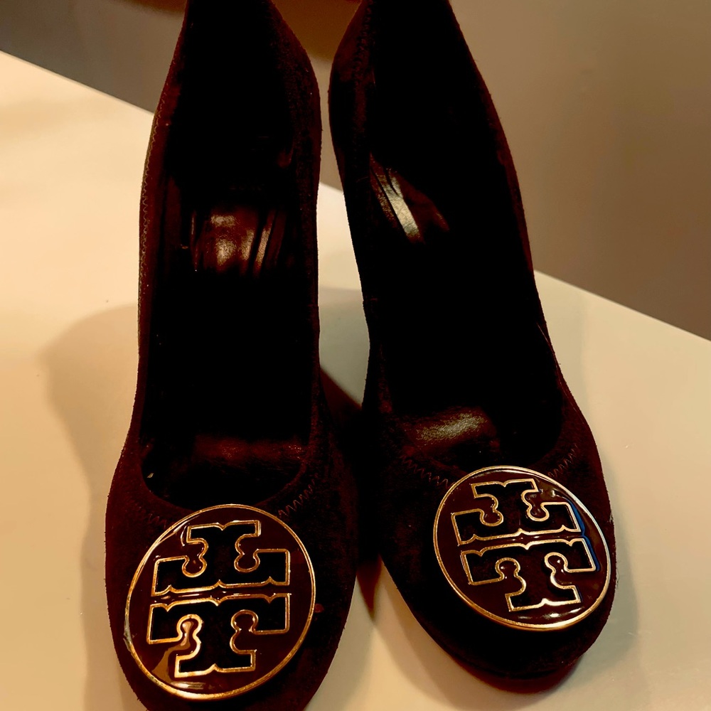 Tory Burch Brown suede 8 1/2 wedge shoes with logo gold buckle